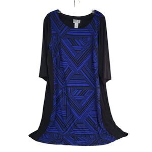 Robbie Bee 1X Black & Blue Striped Print Short Sleeve Dress